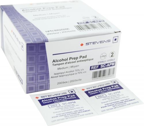 Box of Stevens Alcohol Prep Pads with a single pad displayed in front.
