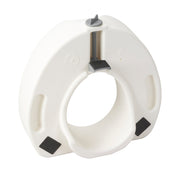 Underside of the raised toilet seat showing the locking mechanism and non-slip padding