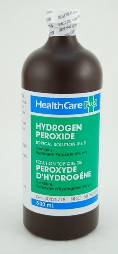 Bottle of HealthCare Plus Hydrogen Peroxide on a white background