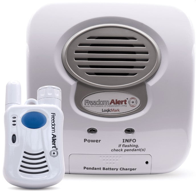 Freedom Alert medical alert system with receiver on a white background