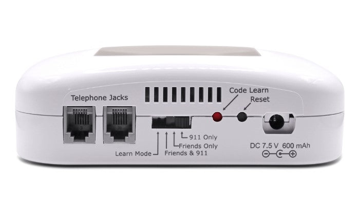 White electronic device with labeled ports and buttons on a white background