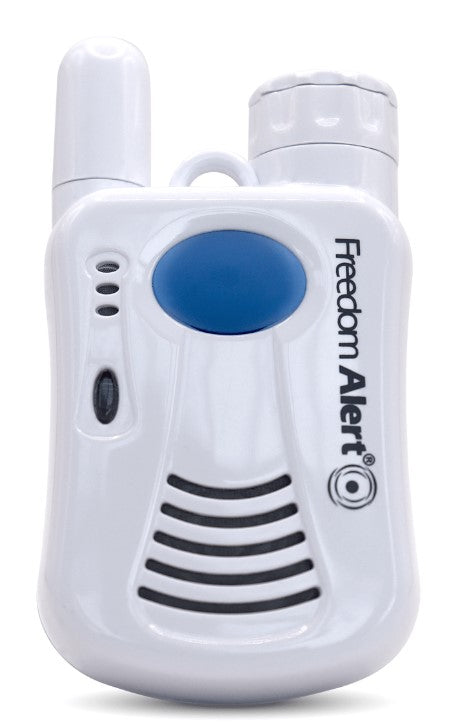 White and blue electronic device with 'Freedom Alert' branding on a white background 
