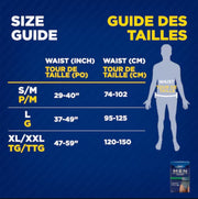 Size guide for waist measurements in inches and centimeters with a silhouette and Men product packaging. 81920