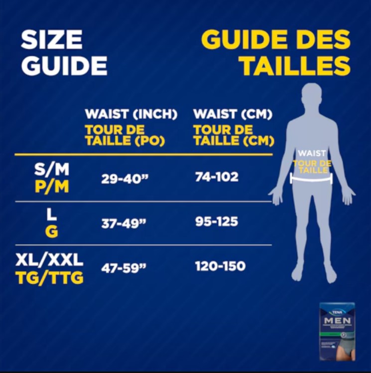 Size guide for waist measurements in inches and centimeters with a silhouette and Men product packaging. 81920