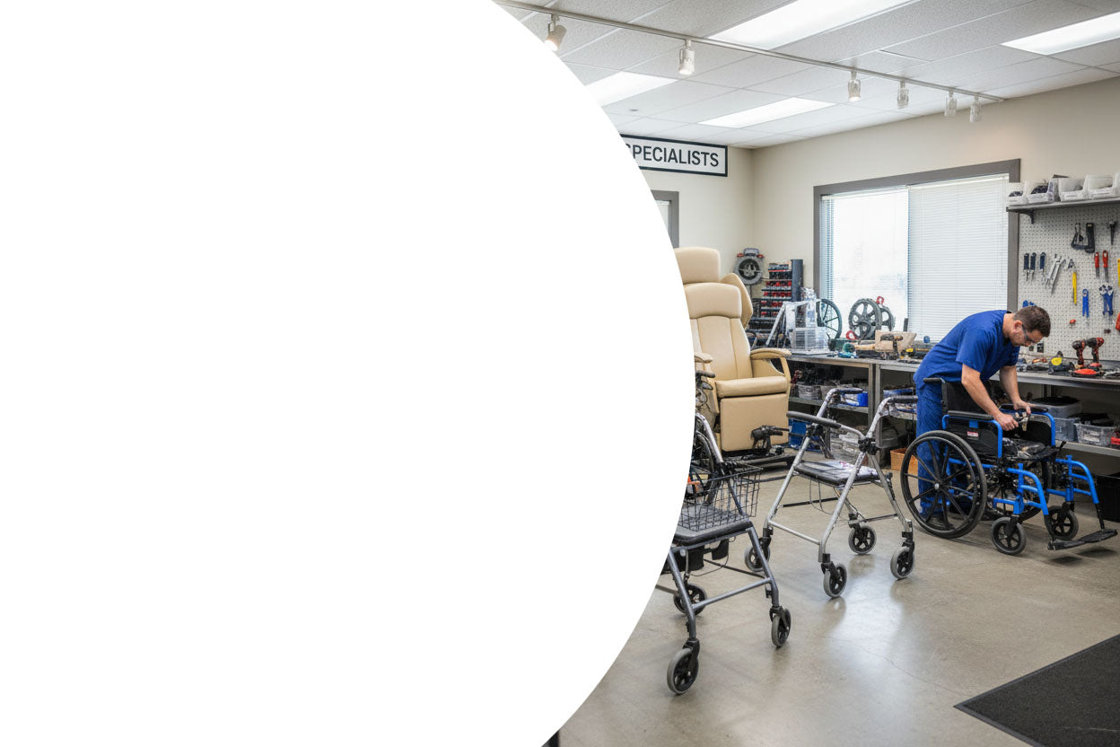 Person working on a wheelchair in a workshop setting with various equipment and tools.