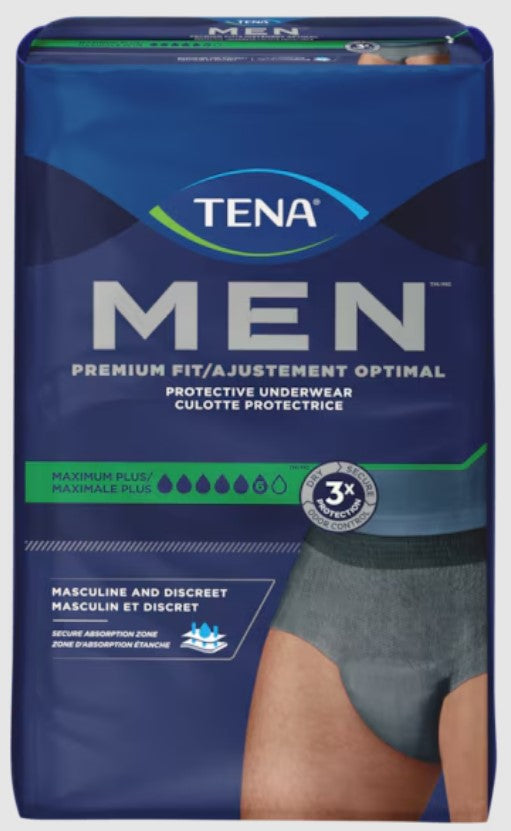 TENA Men protective underwear packaging with blue and green design.