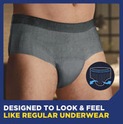 Gray underwear worn by a person with a focus on the product and text 'Designed to look & feel like regular underwear'. 81920
